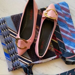 42nd Style simple pink bowtie pointy gold-toe flat